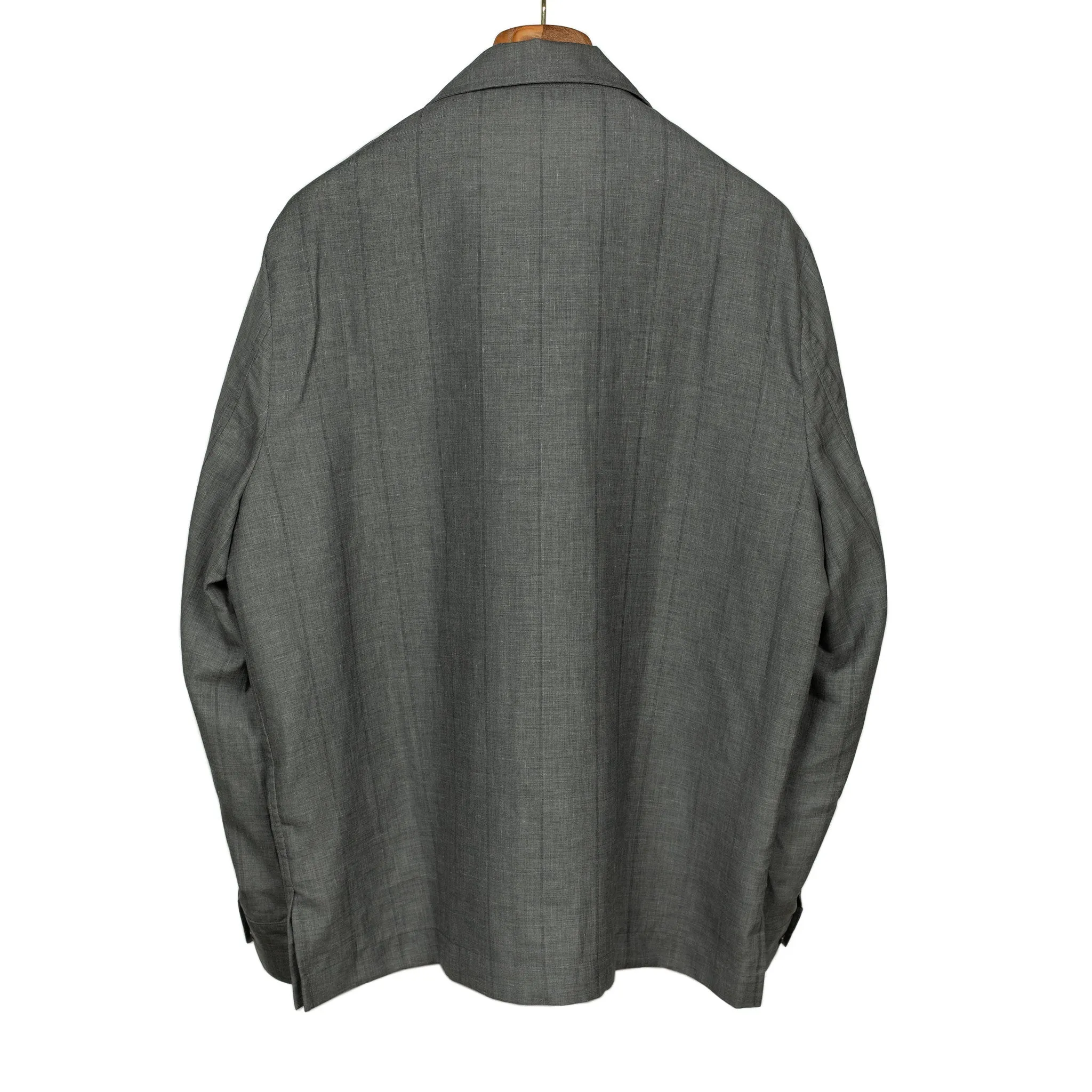 x No Man Walks Alone: Long sleeve camp shirt in deadstock grey striped wool, linen, silk