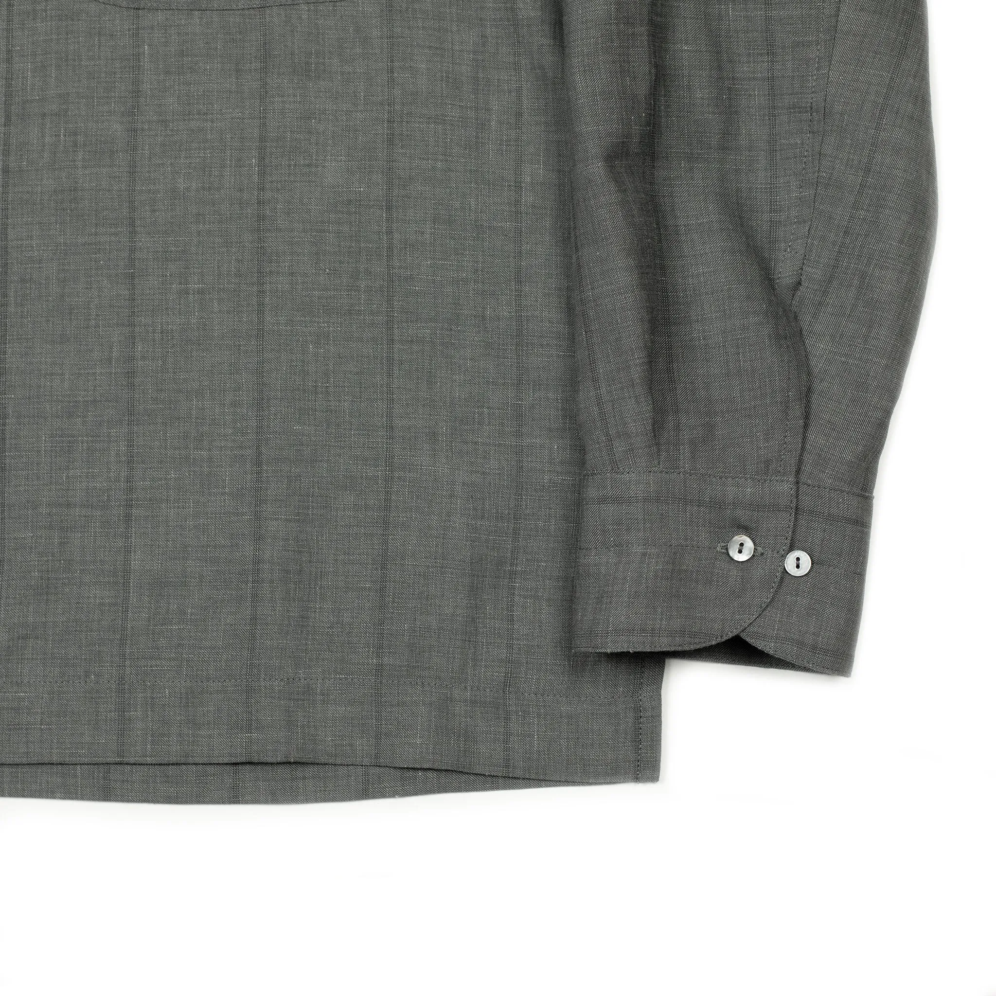 x No Man Walks Alone: Long sleeve camp shirt in deadstock grey striped wool, linen, silk