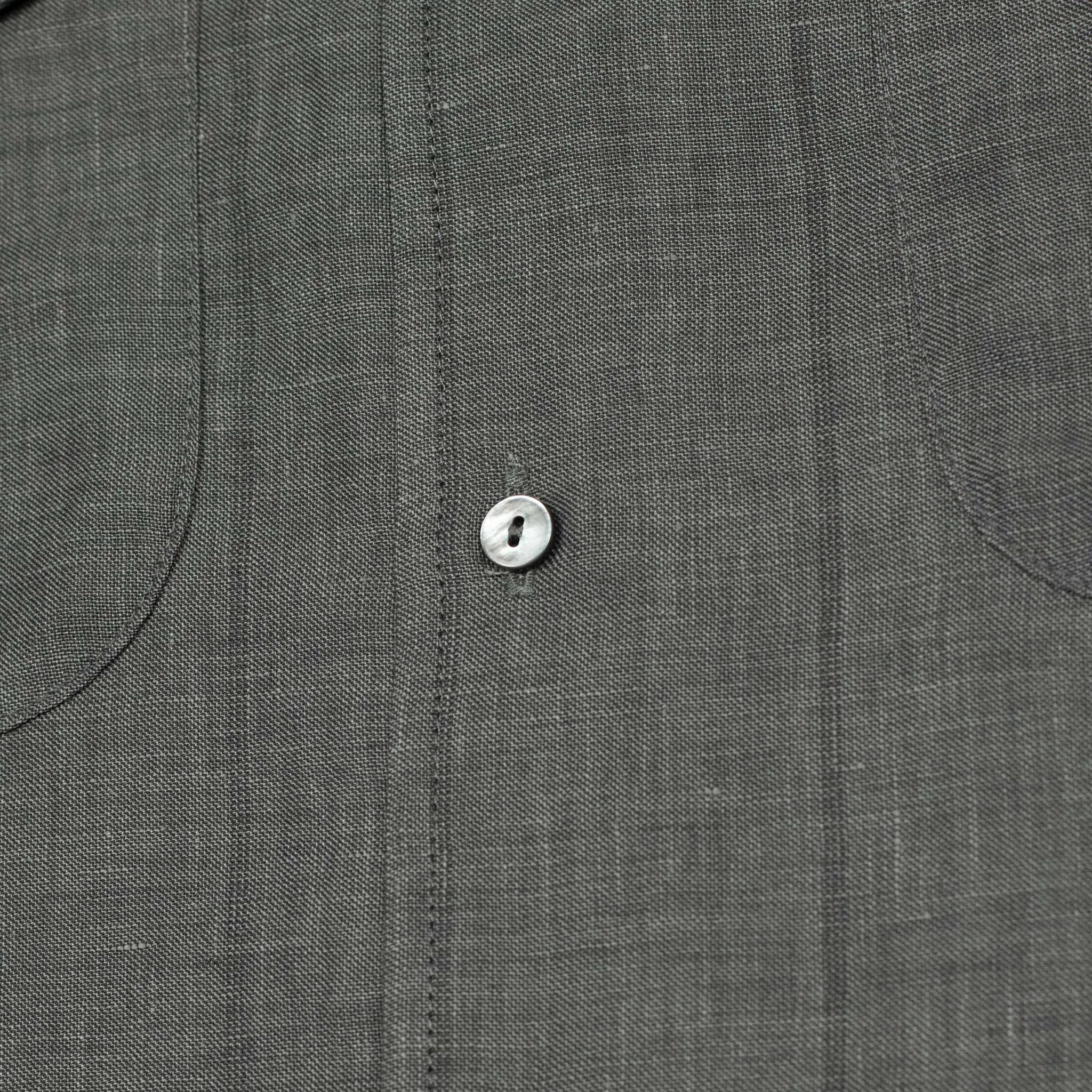 x No Man Walks Alone: Long sleeve camp shirt in deadstock grey striped wool, linen, silk