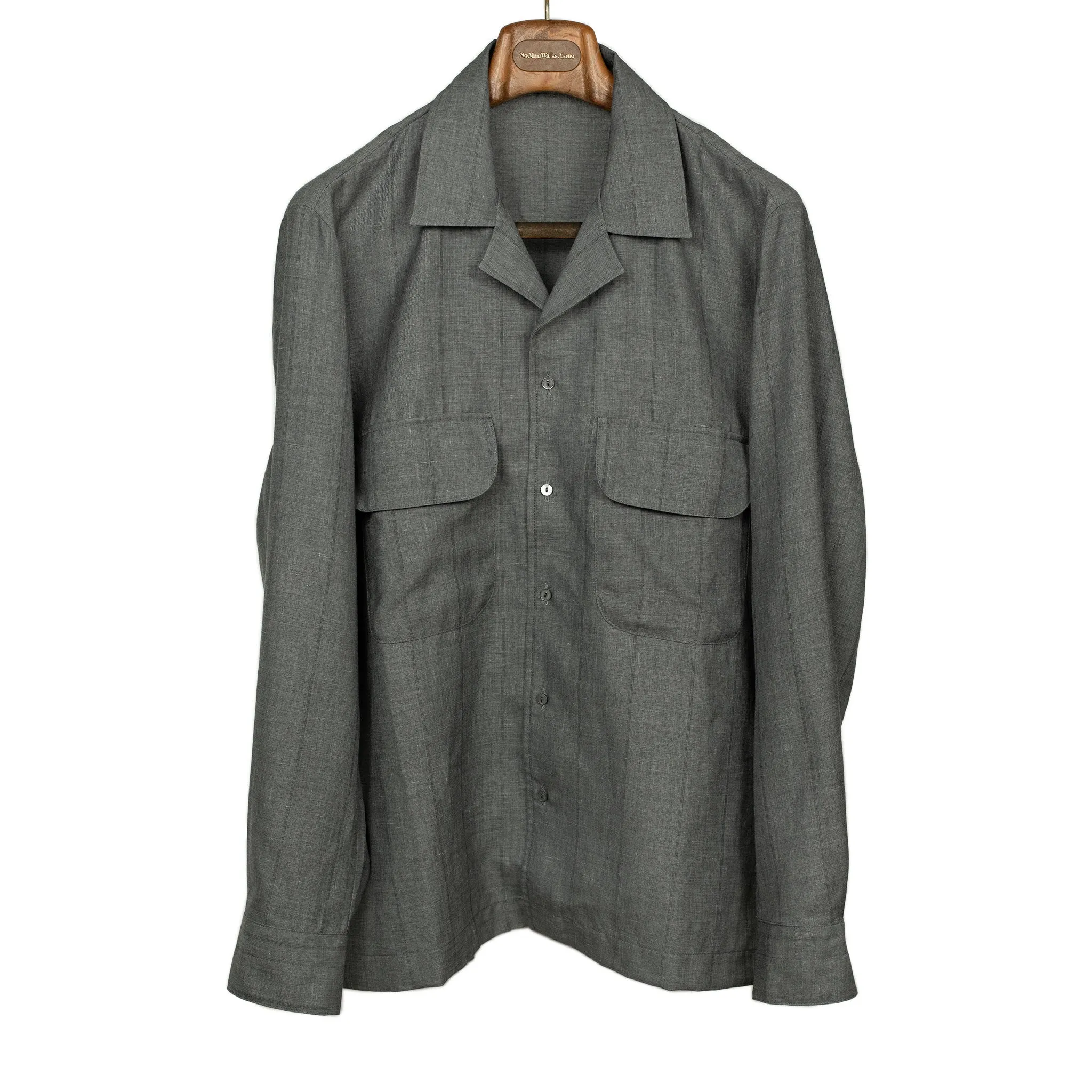 x No Man Walks Alone: Long sleeve camp shirt in deadstock grey striped wool, linen, silk