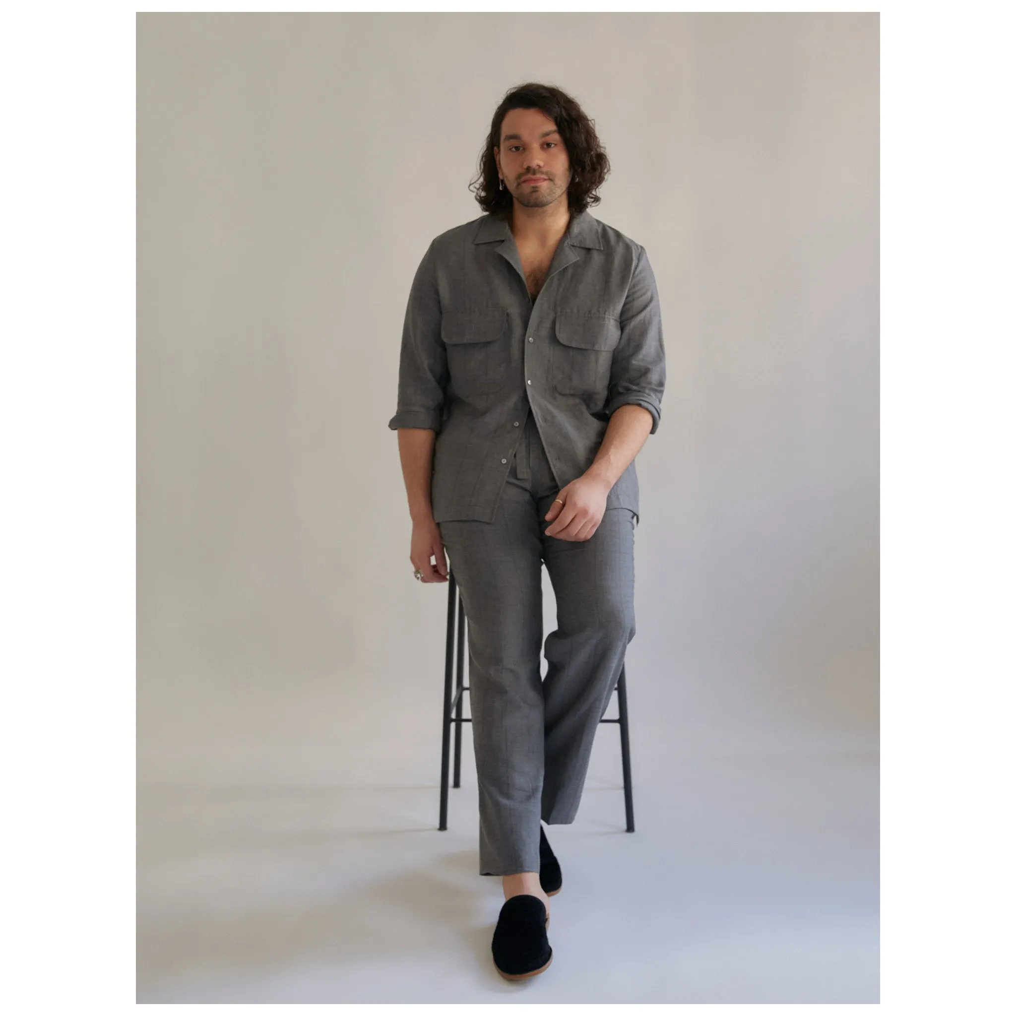 x No Man Walks Alone: Long sleeve camp shirt in deadstock grey striped wool, linen, silk
